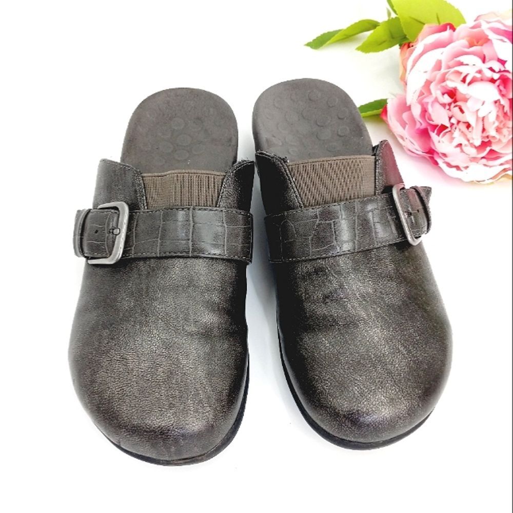 Vionic Marta Mule Shoes Women's 7 Metallic Pewter Faux Leather Buckle Strap